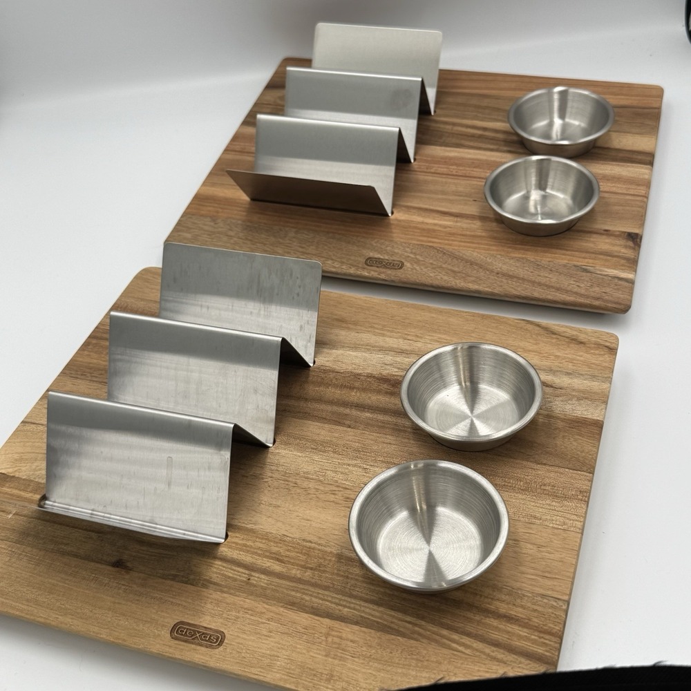 Dexas Taco Board Set Of 2 Acacia Wood Tray w/ Stainless‎ Steel Holder & Cups